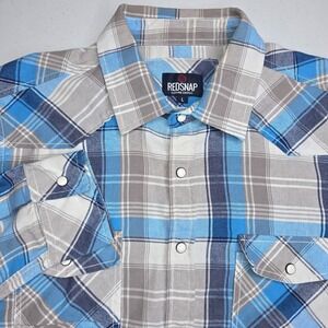 REDSNAP Men's Western Large Long Sleeve Blue White Plaid Pearl Snap Shirt -2257